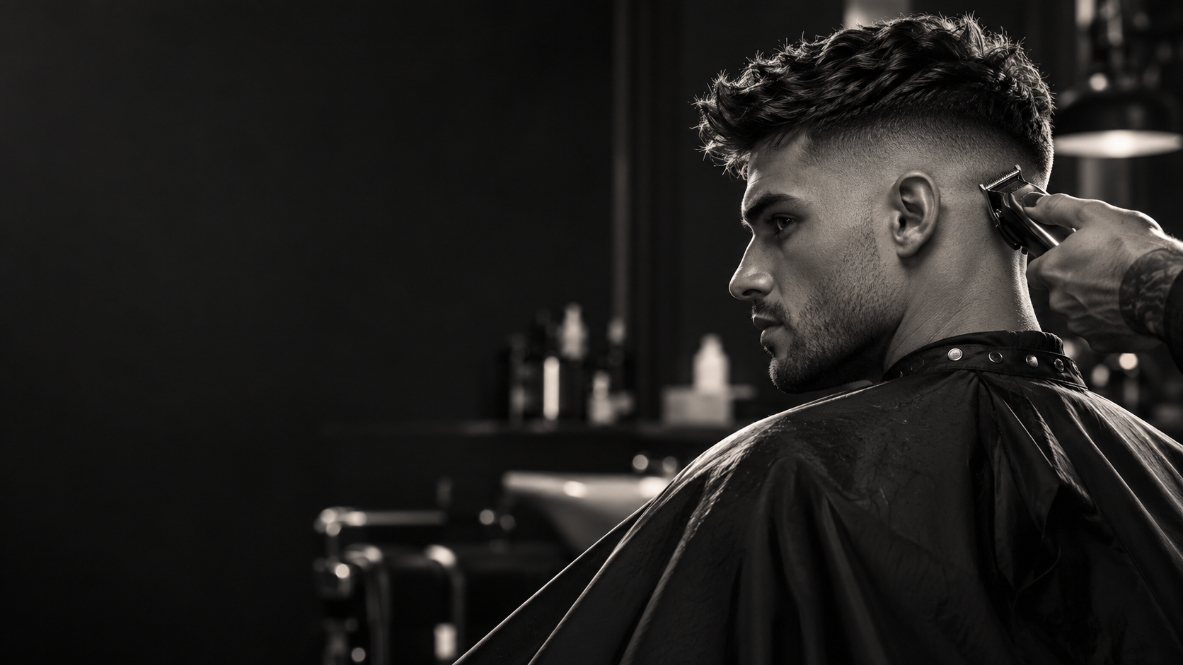 A barber finishing a precise skin fade